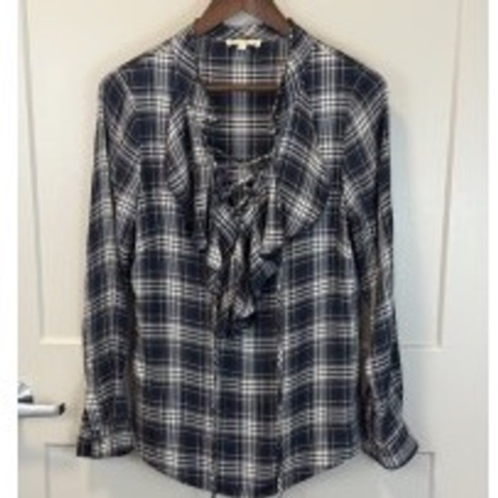Jane and Delancey Black White Plaid Ruffle Front Lace Tie Blouse Size Small